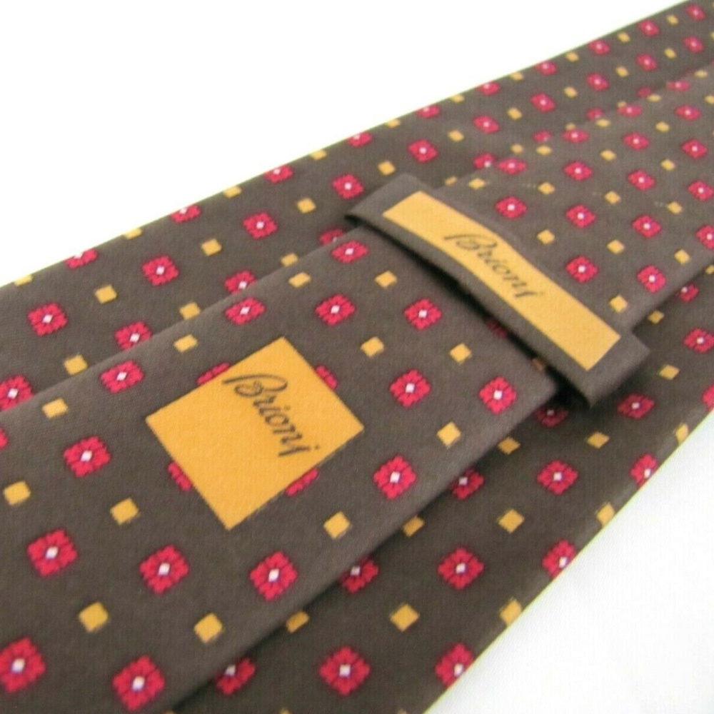 BRIONI Tie #05606 Chocolate Brown Yellow Geometric
